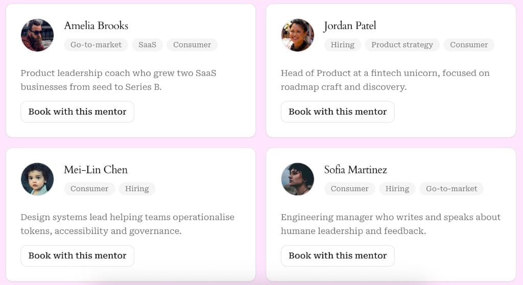 Mentor profiles in a grid showing how mentees can choose from available mentors