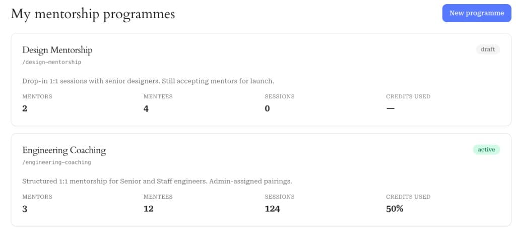 My mentorship programmes dashboard showing Design Mentorship and Engineering Coaching programme cards